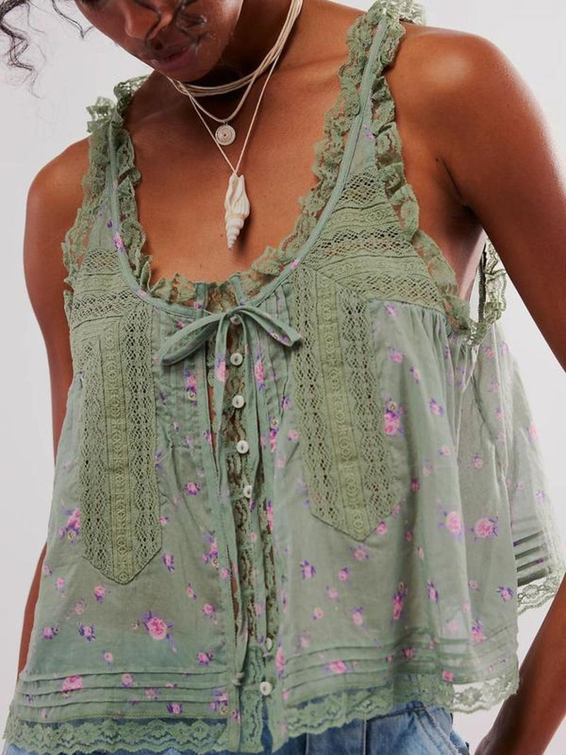 Women'S Plain Lace Trim Tie Front Vneck Tank Top, Casual Basic Elegant Sleeveless Top for Spring & Fall, Ladies Clothes for Daily Wear, Womenswear, Chic Summer Look