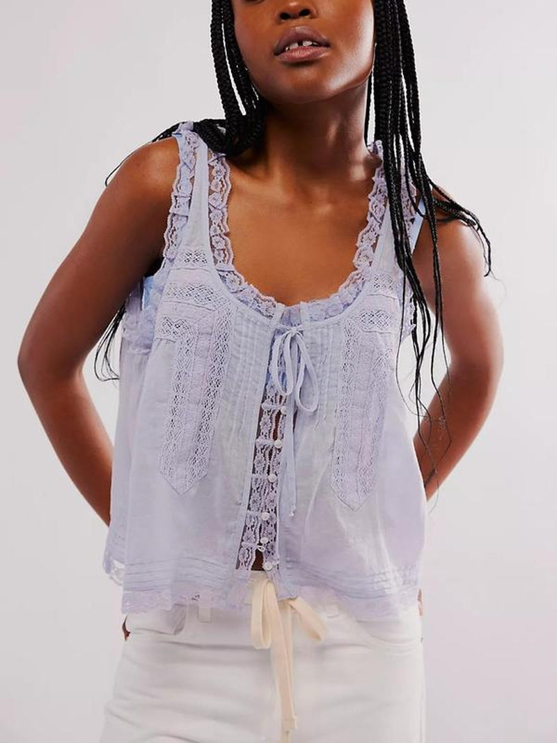 Women'S Plain Lace Trim Tie Front Vneck Tank Top, Casual Basic Elegant Sleeveless Top for Spring & Fall, Ladies Clothes for Daily Wear, Womenswear, Chic Summer Look
