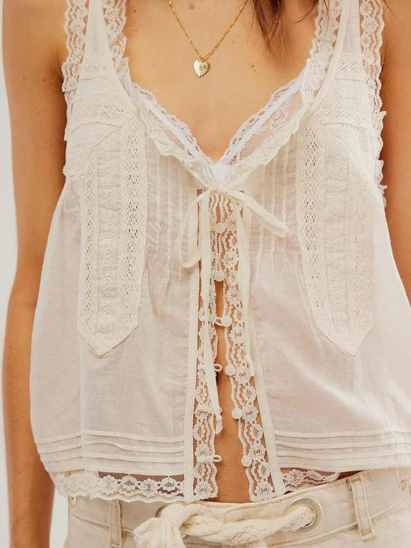 Women'S Plain Lace Trim Tie Front Vneck Tank Top, Casual Basic Elegant Sleeveless Top for Spring & Fall, Ladies Clothes for Daily Wear, Womenswear, Chic Summer Look