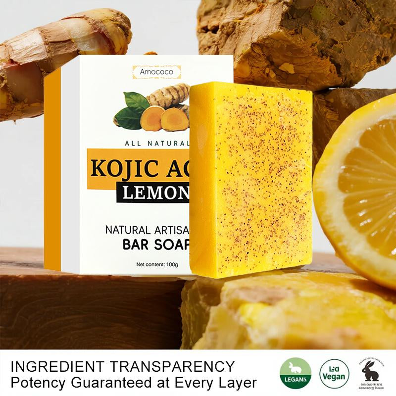 【Buy 12 Soaps, Get 4 Free Turmeric Scrubs)】3Pcs Amococo Honey Glow Lemon Turmeric & Kojic Acid Brightening Soap 100G Dark Spot Remover for Face & Body Cleanser Daily Moisturizing Retinol Soap
