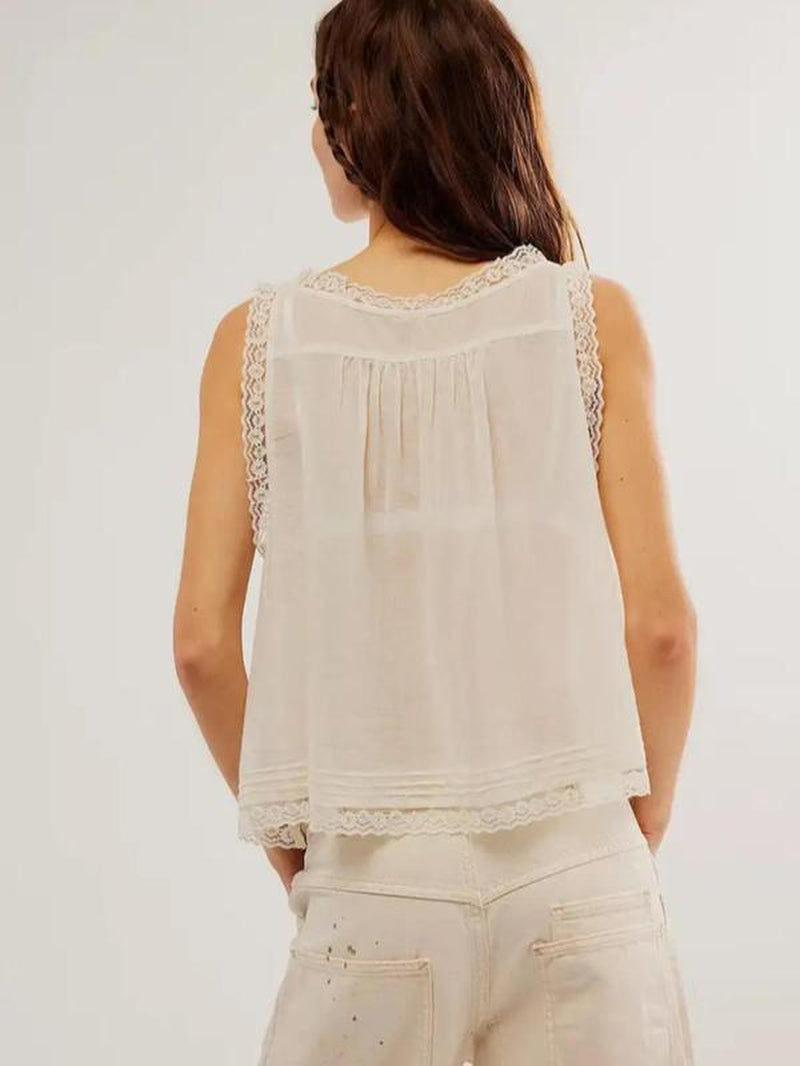 Women'S Plain Lace Trim Tie Front Vneck Tank Top, Casual Basic Elegant Sleeveless Top for Spring & Fall, Ladies Clothes for Daily Wear, Womenswear, Chic Summer Look